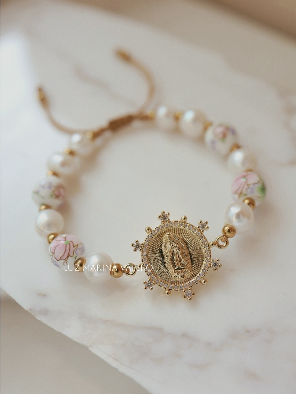 Fresh Water Pearls Bracelet with Pink Floral Beads and Out Lady of Guadalupe